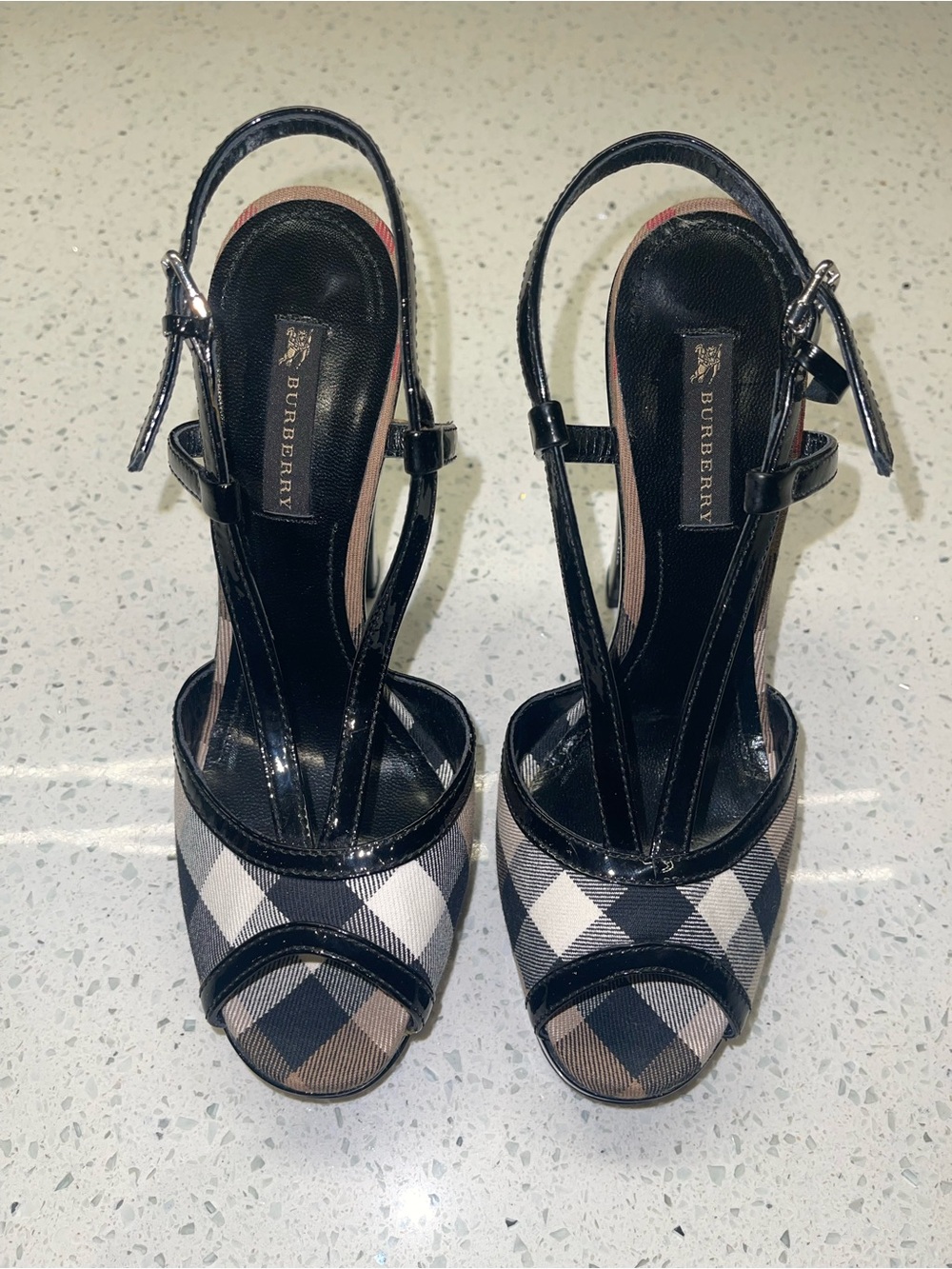 Burberry Black and Beige Check Slingback Heels